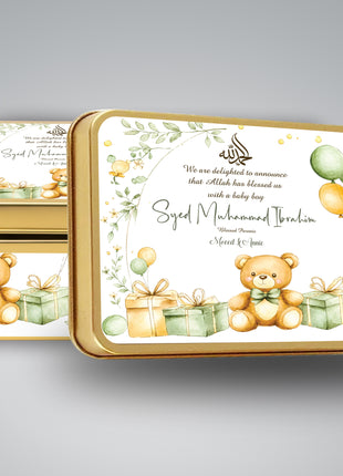 Premium Birth Announcement Tin Boxes – Custom Printed Baby Arrival Gifts & Methie Boxes in Pakistan