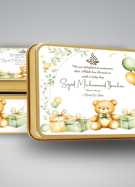 Premium Birth Announcement Tin Boxes – Custom Printed Baby Arrival Gifts & Methie Boxes in Pakistan