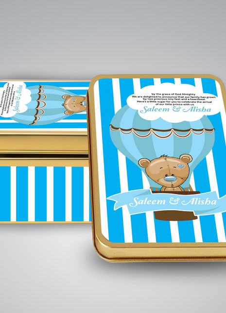 Premium Birth Announcement Tin Boxes – Custom Printed Baby Arrival Gifts & Methie Boxes in Pakistan