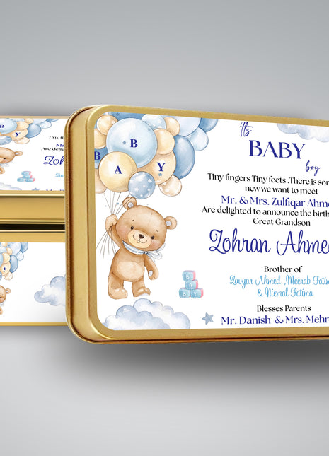 Premium Birth Announcement Tin Boxes – Custom Printed Baby Arrival Gifts & Methie Boxes in Pakistan