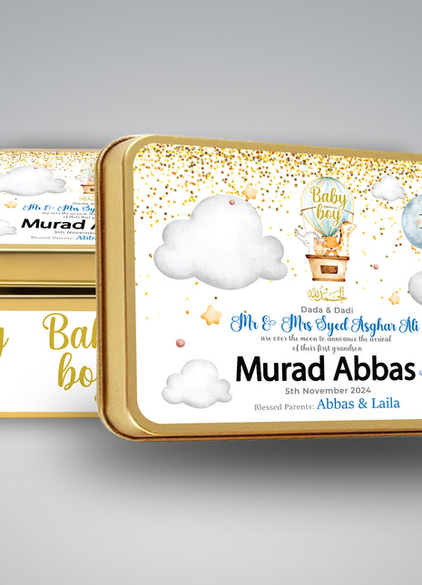 Premium Birth Announcement Tin Boxes – Custom Printed Baby Arrival Gifts & Methie Boxes in Pakistan