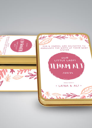 Premium Birth Announcement Tin Boxes – Custom Printed Baby Arrival Gifts & Methie Boxes in Pakistan