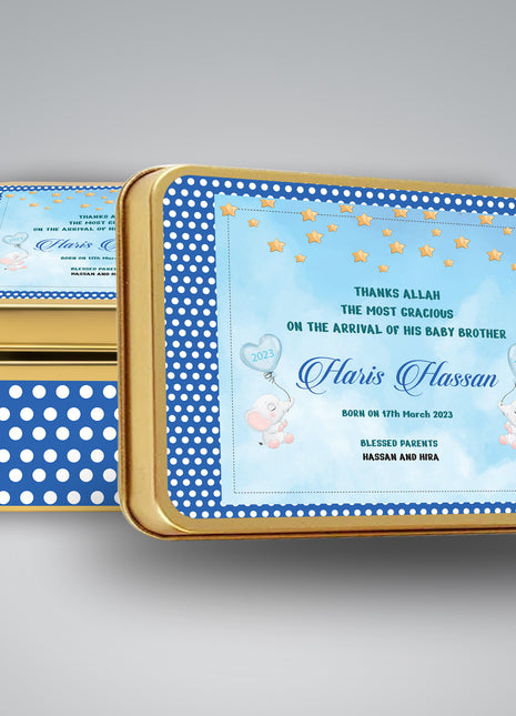 Premium Birth Announcement Tin Boxes – Custom Printed Baby Arrival Gifts & Methie Boxes in Pakistan