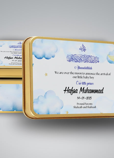 Premium Birth Announcement Tin Boxes – Custom Printed Baby Arrival Gifts & Methie Boxes in Pakistan