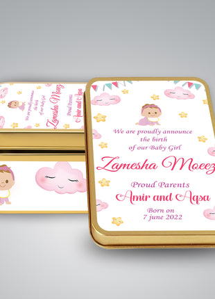 Premium Birth Announcement Tin Boxes – Custom Printed Baby Arrival Gifts & Methie Boxes in Pakistan