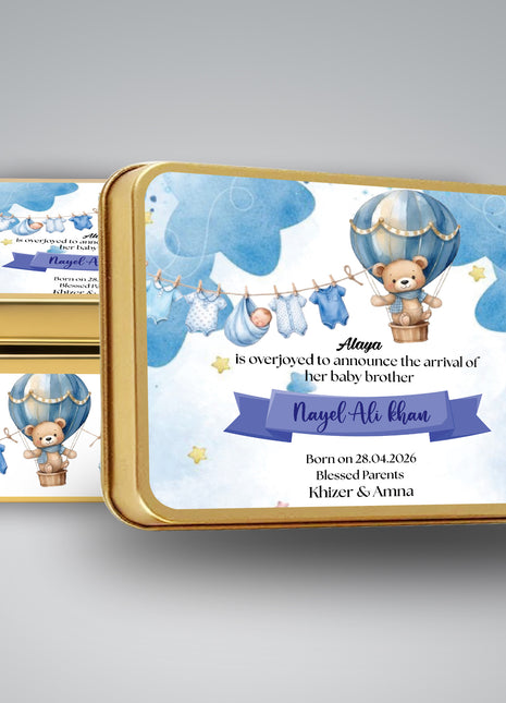 Premium Birth Announcement Tin Boxes – Custom Printed Baby Arrival Gifts & Methie Boxes in Pakistan