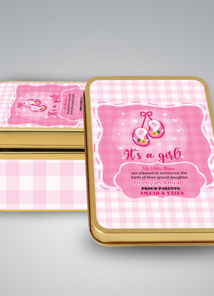 Premium Birth Announcement Tin Boxes – Custom Printed Baby Arrival Gifts & Methie Boxes in Pakistan