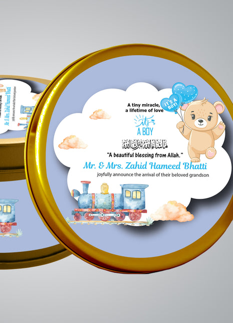 Premium Birth Announcement Tin Boxes – Custom Printed Baby Arrival Gifts & Methie Boxes in Pakistan