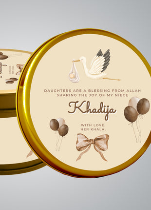 Premium Birth Announcement Tin Boxes – Custom Printed Baby Arrival Gifts & Methie Boxes in Pakistan