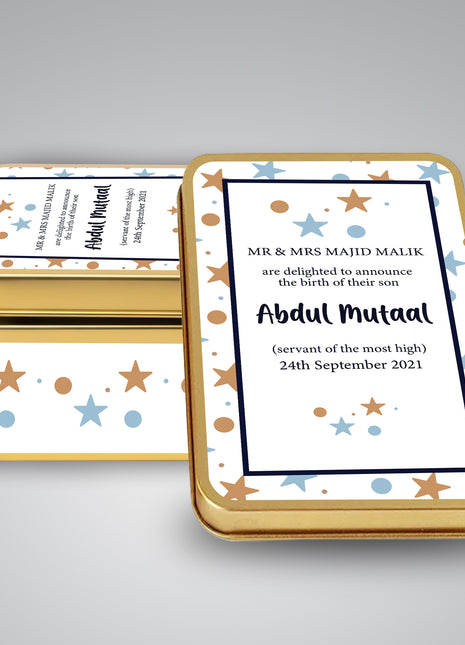 Premium Birth Announcement Tin Boxes – Custom Printed Baby Arrival Gifts & Methie Boxes in Pakistan